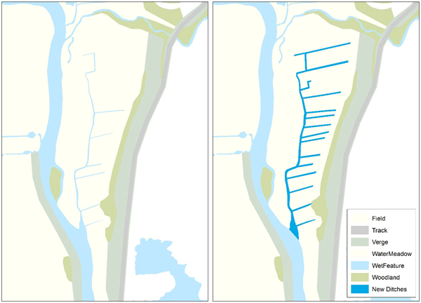 Maps of before (left) and after (right) ditch reinstatement and creation, using both existing and relict ditch lines to create more in-field wet feature